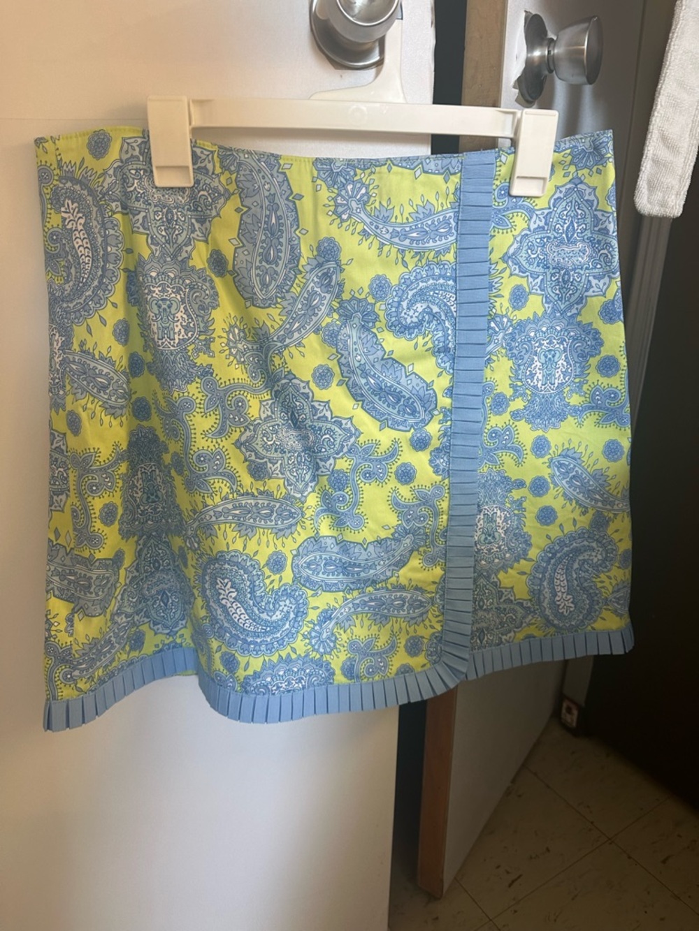 Yellow & Light Blue Paisley Pleated Trim Skirt
